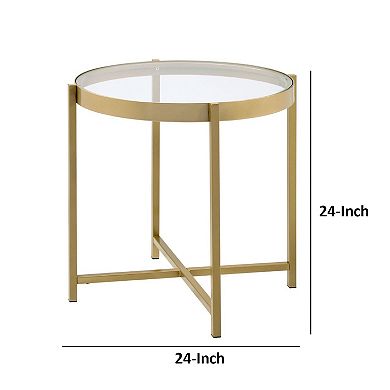 End Table with Round Glass Top and Metal Frame, Gold