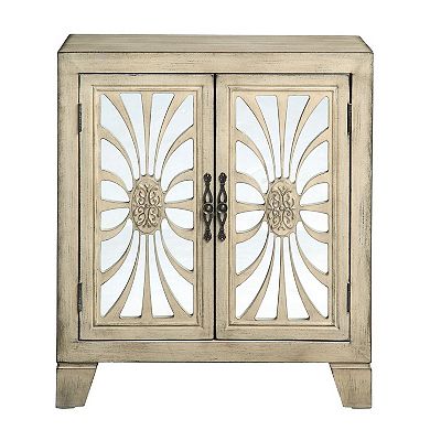 Console Table with 2 Glass Doors and Floral Motif, Antique White