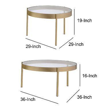 Contemporary Metal and Glass Round Nesting Table, Set of 2, Gold and Clear
