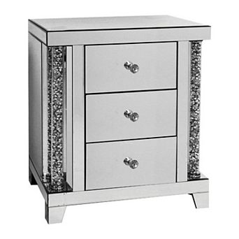 Noe 26 Inch 3 Drawer Accent Table Nightstand, Mirrored, Faux Diamond Inlay, Silver