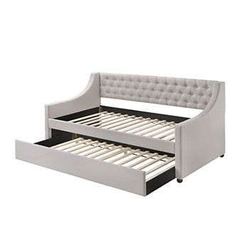 Fabric Twin Size Daybed with Button Tufted Back and Sloped Arms,Light Gray