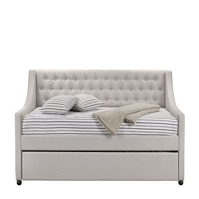 Fabric Twin Size Daybed with Button Tufted Back and Sloped Arms,Light Gray