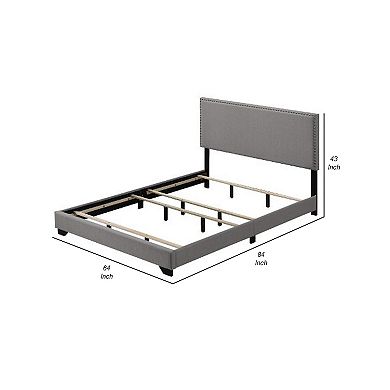 Queen Size Bed with Fabric Upholstery and Nailhead Accent, Gray