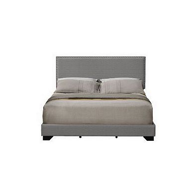 Queen Size Bed with Fabric Upholstery and Nailhead Accent, Gray