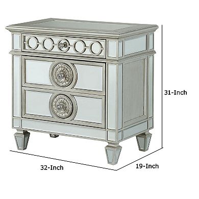 Mirror Accented Wooden Nightstand with 3 Storage Drawers, Silver