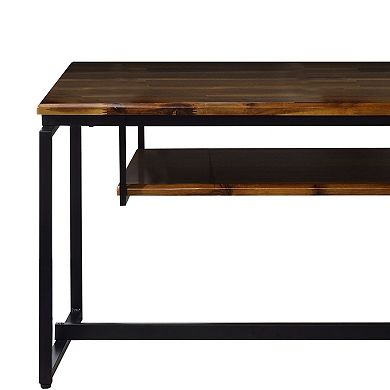 Metal TV Stand  Wooden Tabletop with and Open Shelf, Black and Brown