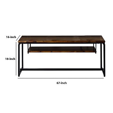 Metal TV Stand  Wooden Tabletop with and Open Shelf, Black and Brown