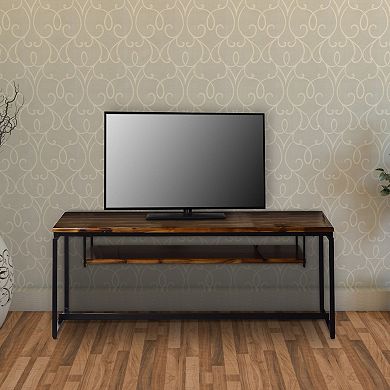 Metal TV Stand  Wooden Tabletop with and Open Shelf, Black and Brown