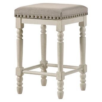 24 Inch Counter Height Stool, Luxe Nailhead Trim, Set of 2, Antique White