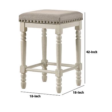 24 Inch Counter Height Stool, Luxe Nailhead Trim, Set of 2, Antique White