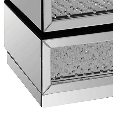 Pali 32 Inch Modern Nightstand Dresser Table, Faux Crystals, Mirror, Silver