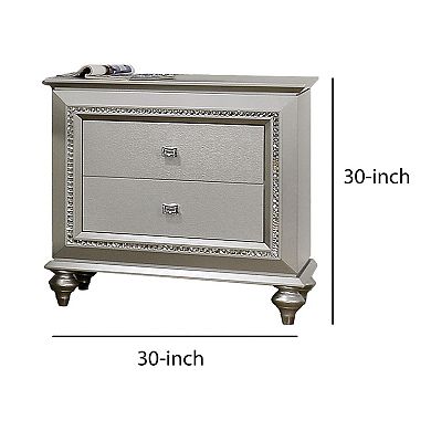 2 Drawer Spacious Nightstand with Mirror Beveled Pulls, Silver