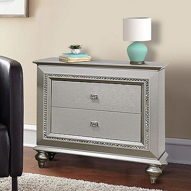 2 Drawer Spacious Nightstand with Mirror Beveled Pulls, Silver