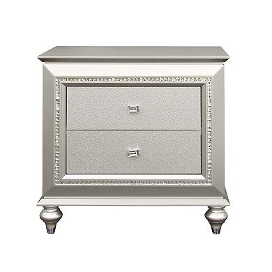 2 Drawer Spacious Nightstand with Mirror Beveled Pulls, Silver