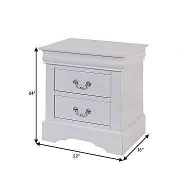 24 Inch Modern Classic Nightstand, 2 Drawers, Drop Handles, Wood, White