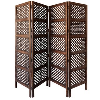 Decorative Four Panel Mango Wood Hinged Room Divider with Circular Cutout Design, Brown