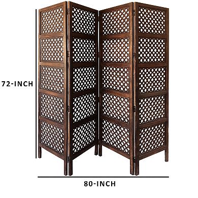 Decorative Four Panel Mango Wood Hinged Room Divider with Circular Cutout Design, Brown