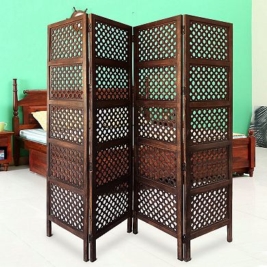 Decorative Four Panel Mango Wood Hinged Room Divider with Circular Cutout Design, Brown