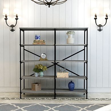 Olga 63 Inch Industrial 4 Tier Bookshelf, Particleboard, Metal Frame, Gray, Black