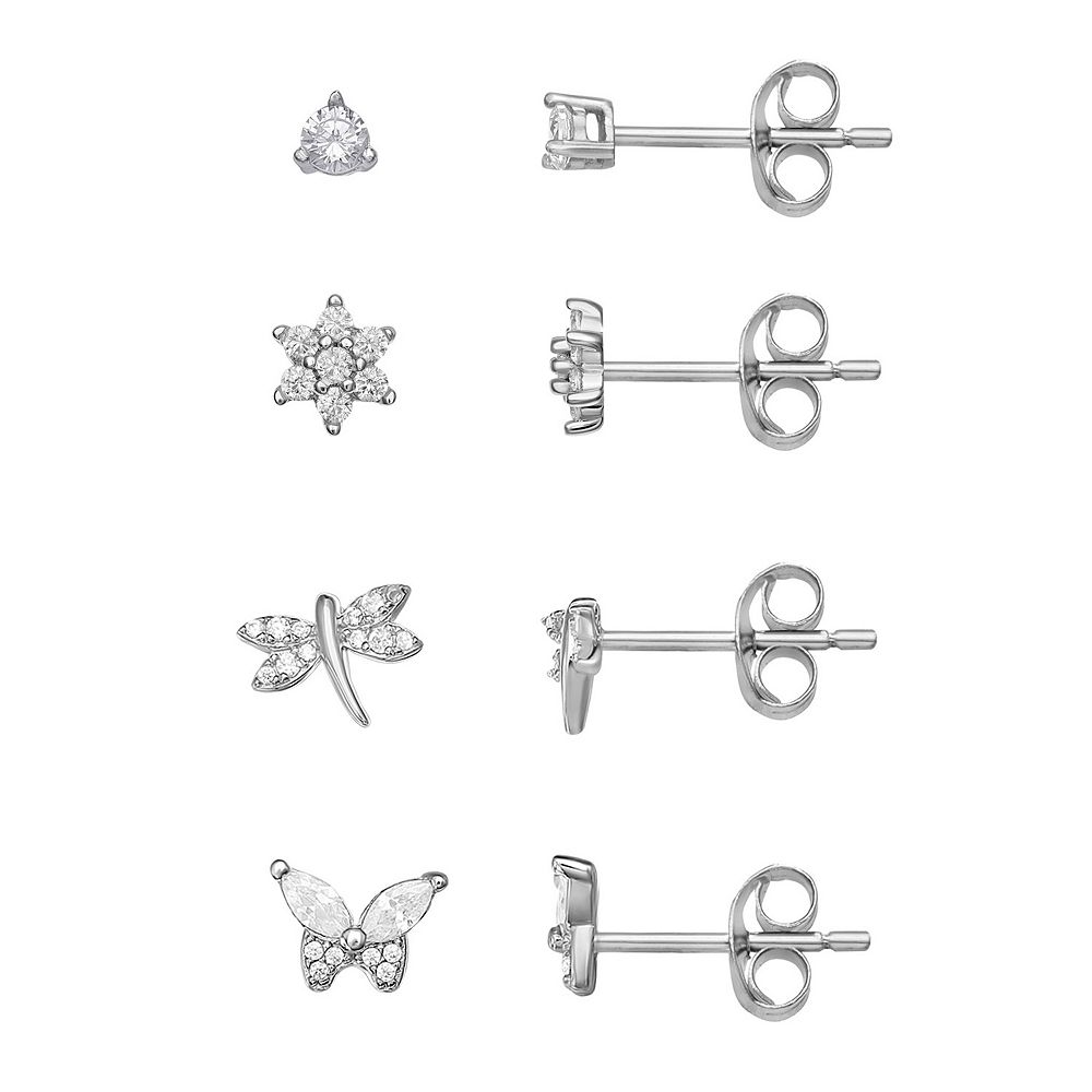 PRIMROSE 4-pair Sterling Silver Cubic Zirconia Flower, Dragonfly ...