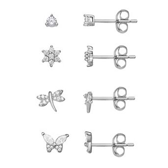 PRIMROSE 4-pair Sterling Silver Cubic Zirconia Flower, Dragonfly, & Butterfly Stud Earring Set