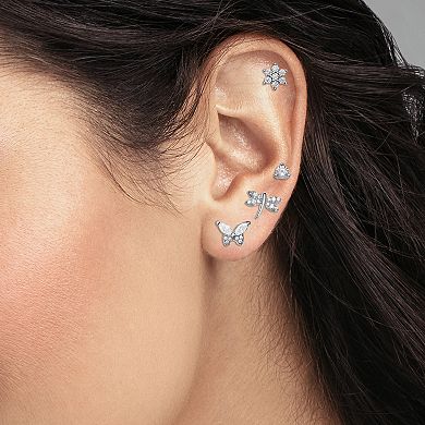 PRIMROSE 4-pair Sterling Silver Cubic Zirconia Flower, Dragonfly, & Butterfly Stud Earring Set
