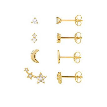 PRIMROSE 4-Pair 18k Gold Plated Cubic Zirconia Crescent Moon & Star Stud Earring Set