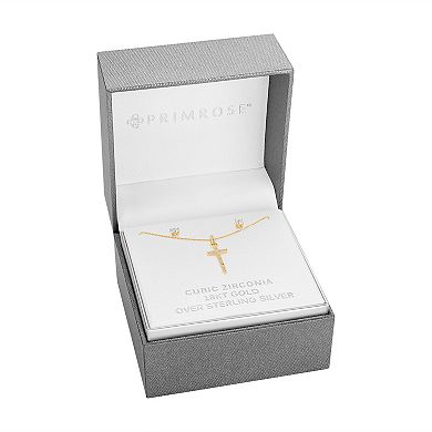 PRIMROSE 18k Gold Plated Cubic Zirconia Cross Pendant & Stud Earring Set