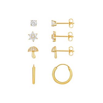 PRIMROSE 4-Pair 18k Gold Plated Cubic Zirconia Star, Mushroom & Hoop Earring Set