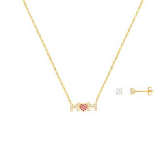 PRIMROSE 18k Gold Plated Pink & White Cubic Zirconia MOM Necklace & Stud Earring Set