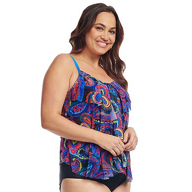 Plus Size Mazu Sea Breeze Paisley Draped Tier Mesh Tankini Swim Top