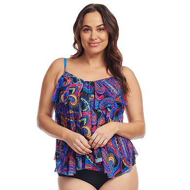 Plus Size Mazu Sea Breeze Paisley Draped Tier Mesh Tankini Swim Top