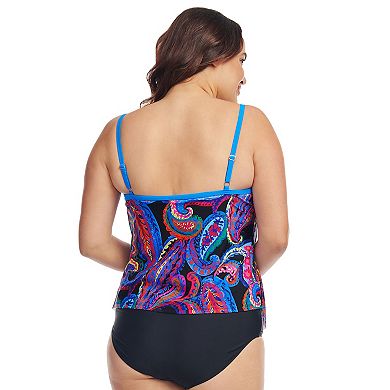 Plus Size Mazu Sea Breeze Paisley Draped Tier Mesh Tankini Swim Top