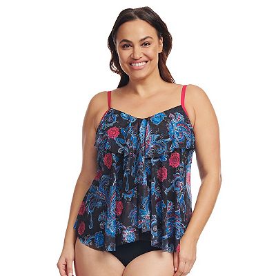 Plus Size Mazu Sea Breeze Paisley Draped Tier Mesh Tankini Swim Top