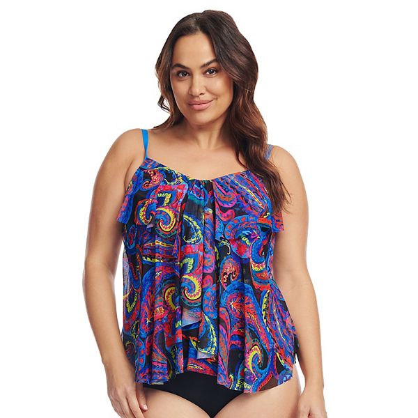 Plus Size Mazu Sea Breeze Paisley Draped Tier Mesh Tankini Swim Top