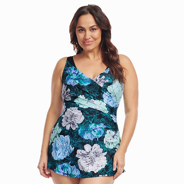 Plus Size Mazu Tropical Flora Wrap One-Piece Swimdress