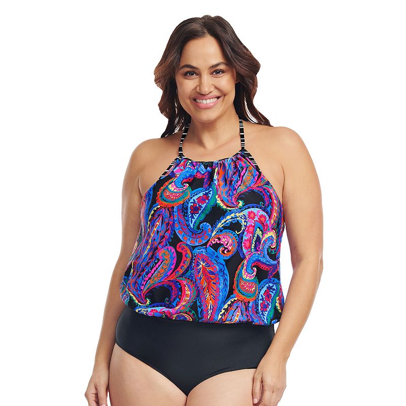 Plus Size Mazu French Paisley Black Halter One-Piece Swimsuit, Women's, Size: 22 W