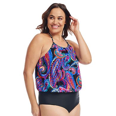 Plus Size Mazu French Paisley Black Halter One-Piece Swimsuit