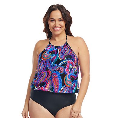 Plus Size Mazu French Paisley Black Halter One-Piece Swimsuit