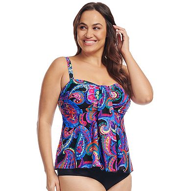 Plus Size Mazu Tropical Flora Draped Bandeau Tankini Swim Top