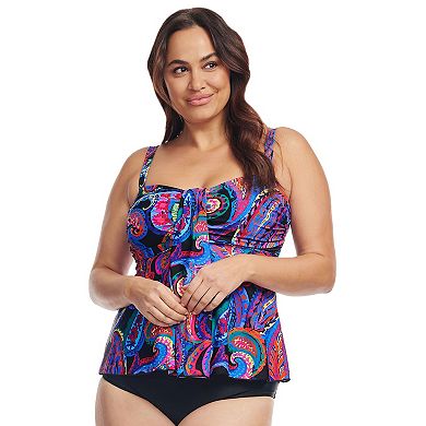 Plus Size Mazu Tropical Flora Draped Bandeau Tankini Swim Top