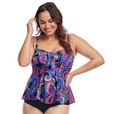 Plus Size Mazu Tropical Flora Draped Bandeau Tankini Swim Top