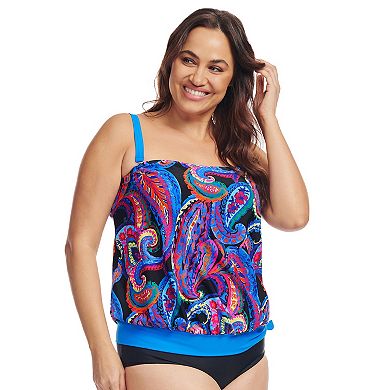 Plus Size Mazu Tropical Flora Draped Blouson Tankini Swim Top