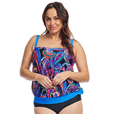 Plus Size Mazu Tropical Flora Draped Blouson Tankini Swim Top