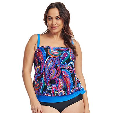 Plus Size Mazu Tropical Flora Draped Blouson Tankini Swim Top