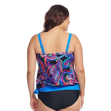 Plus Size Mazu Tropical Flora Draped Blouson Tankini Swim Top