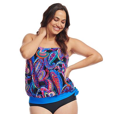 Plus Size Mazu Tropical Flora Draped Blouson Tankini Swim Top