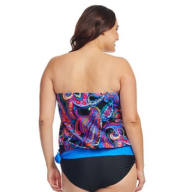 Plus Size Mazu Tropical Flora Draped Blouson Tankini Swim Top