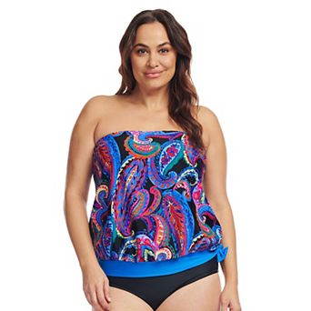 Plus Size Mazu Tropical Flora Draped Blouson Tankini Swim Top