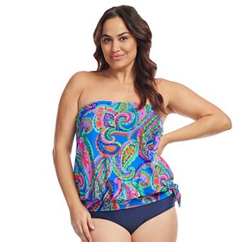 Plus Size Mazu Tropical Flora Draped Blouson Tankini Swim Top